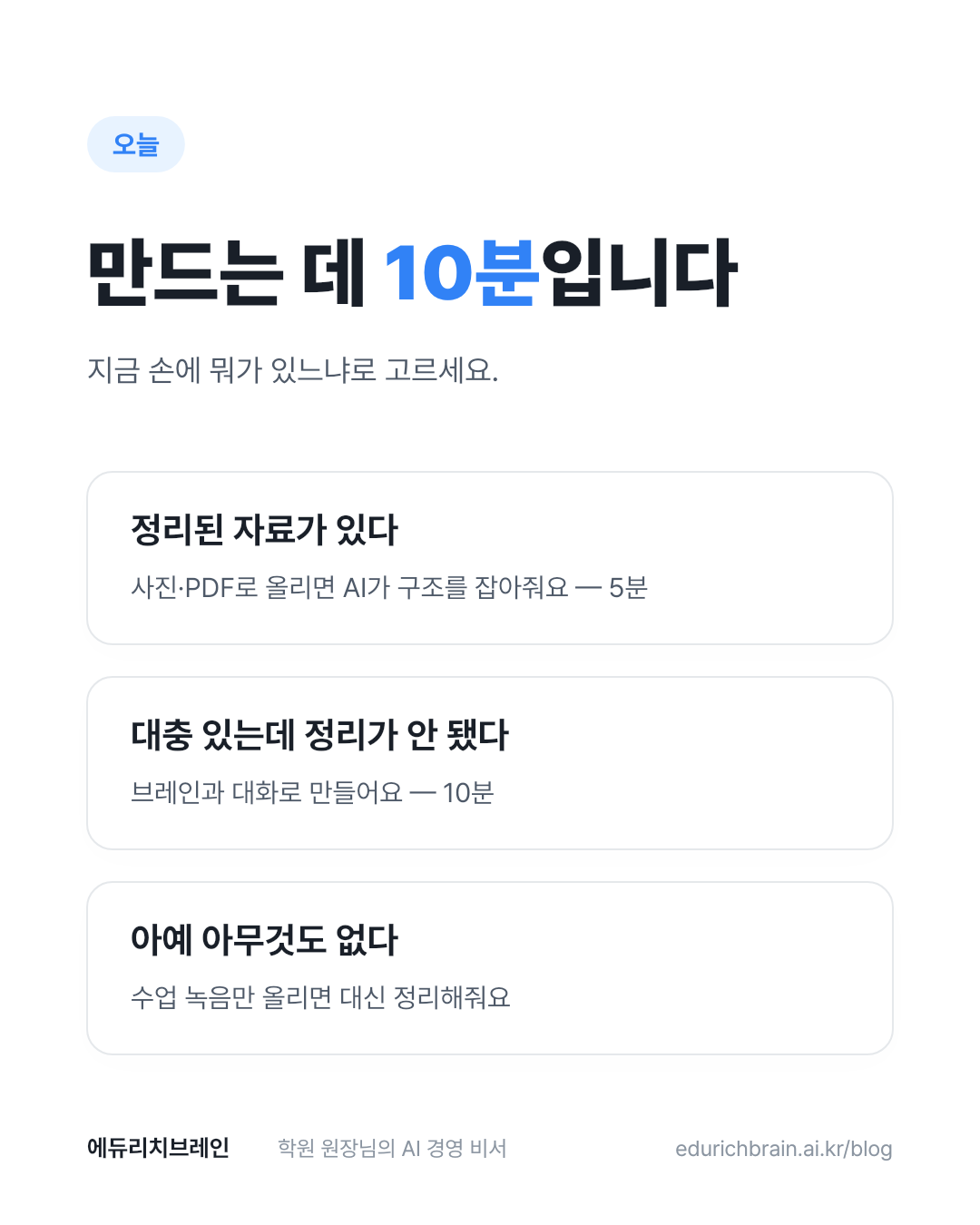 만드는 데 10분 — 정리된 자료가 있다, 대충 있다, 아예 없다 세 가지 시작 방법